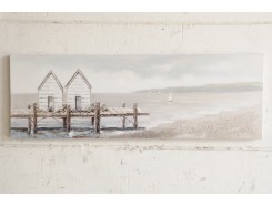 OP181645A Oilpainting. Little cottages on pier with sailingboats in the background 50 x 150 cm.