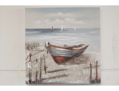 OP171850A Oilpainting. Bootje op het strand met zeilboten op de achtergrond. 80x80 cm.