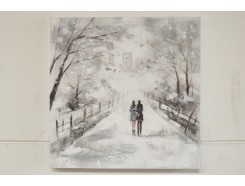 OP170606B Oilpainting. Stel wandelend in winters park. 80x80 cm.