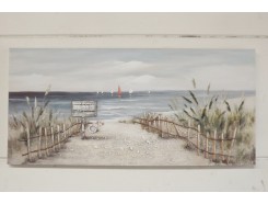 OP171899A Oilpainting. Pad naar het strand met reddingsboeien en zeilboten op achtergrond. 70x150 cm.