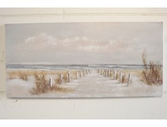 OP201819A Olieverfschilderij. Pad naar het strand door de duinen. Ruige zee met bewolkte lucht. Handgeschilderd. 70 x 150 cm.