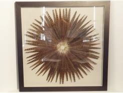 T30192 Wanddecoratie. Fazantveren rond op canvas achter glas in zwarte lijst 90 x 90 cm.