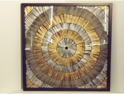 T36275 Wanddecoratie. Abstracte zilver/gouden cirkels met diepte achter glas in zwarte lijst 90 x 90 cm.
