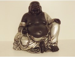 P1035287 Poly. Lucky boeddha zittend large. Zwart-zilver. Hoogte : 30 cm.
