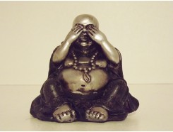 P1035450B Poly. Boeddha lucky mini "zien". Zwart-zilver. Hoogte 7 cm.