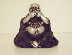 P1035450C Poly. Boeddha lucky mini "zwijgen". Zwart-zilver. Hoogte 7 cm.
